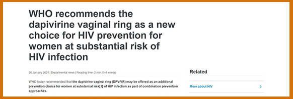 This is the Microbicides in the News section with an image of a news article from WHO recommending the dapivirine ring as a choice for HIV prevention.