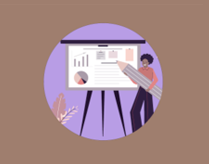 Icon for Business Market Dynamics and Commercialization shows a person pointing at a easel displaying charts